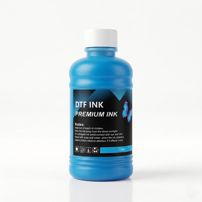 Kualitas 250ml DTF Cyan Ink untuk Transfer Tekstil dengan Nada Biru Bersih dan Aliran Lemes pabrik